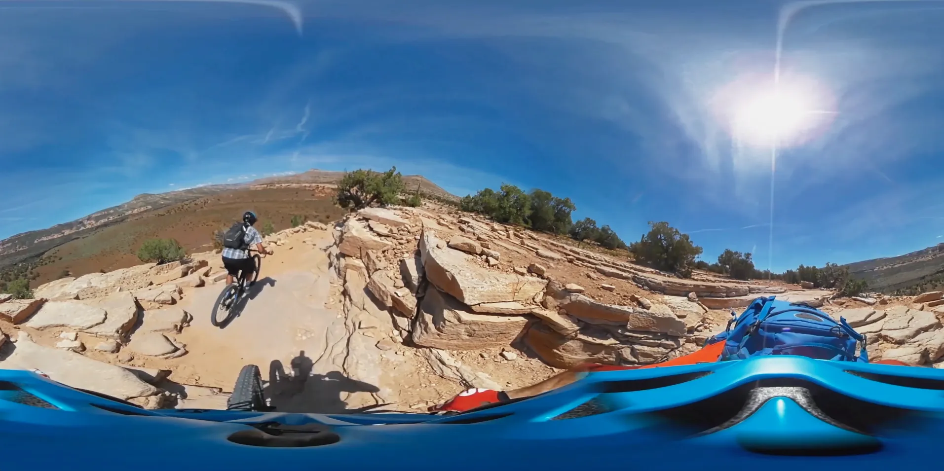 Equirectangular mountain-biking frame on a rocky Colorado trail