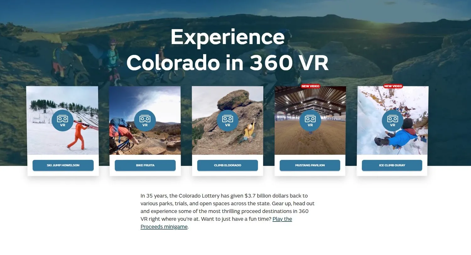 Colorado Lottery Play On website showing five 360 VR experiences