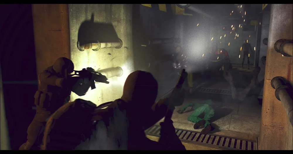 Animated police officers firing toward zombies in an industrial hallway