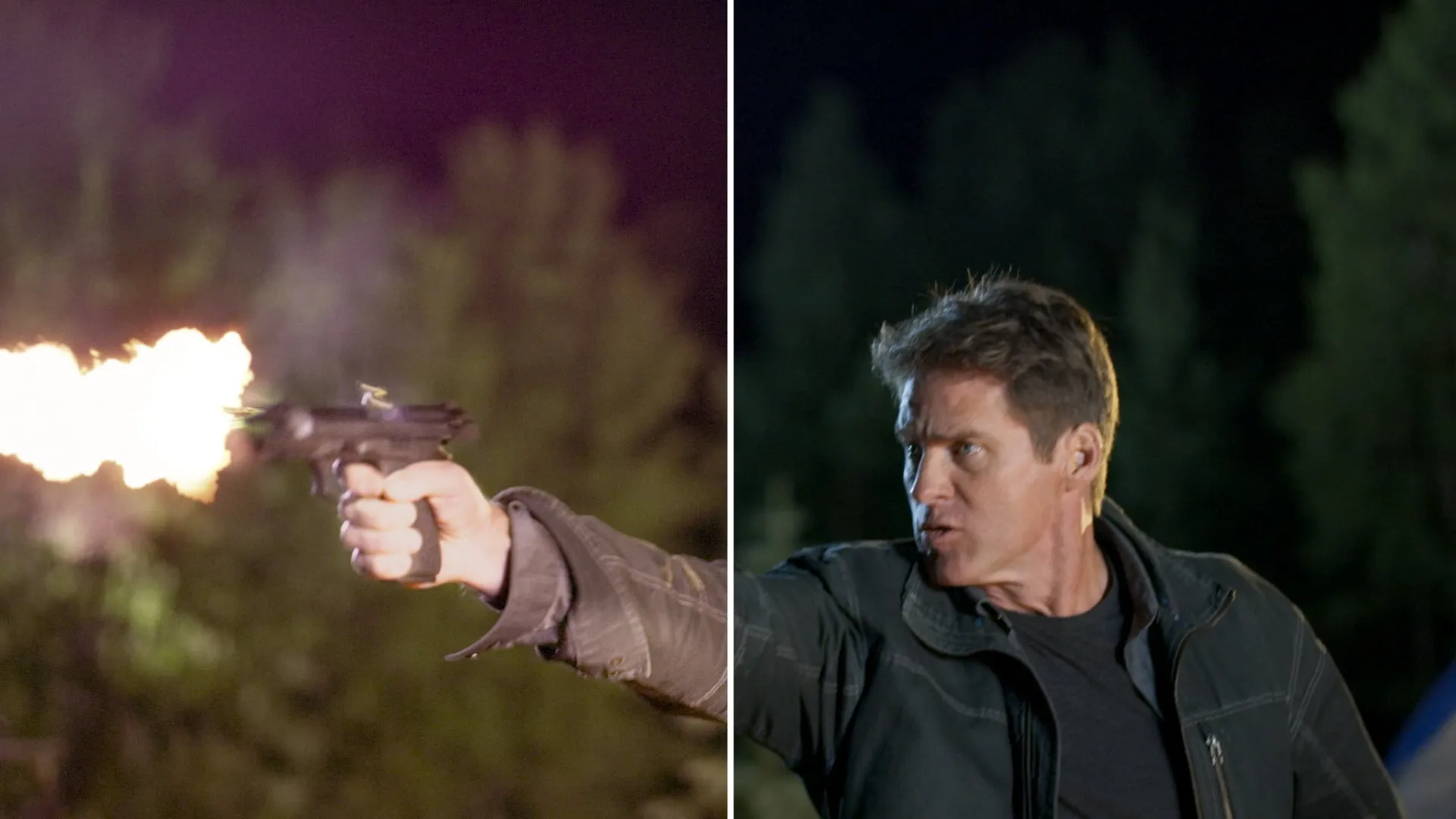 HOAX VFX comparison showing an actor firing a pistol with a muzzle flash