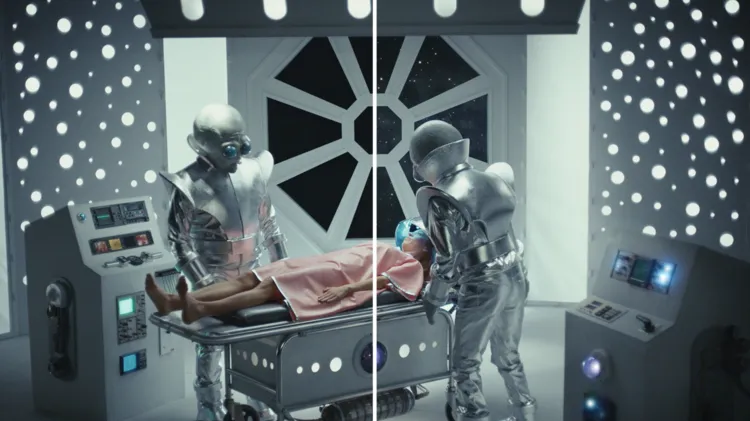 Split VFX comparison of the Lucky For Life spaceship set before and after effects work