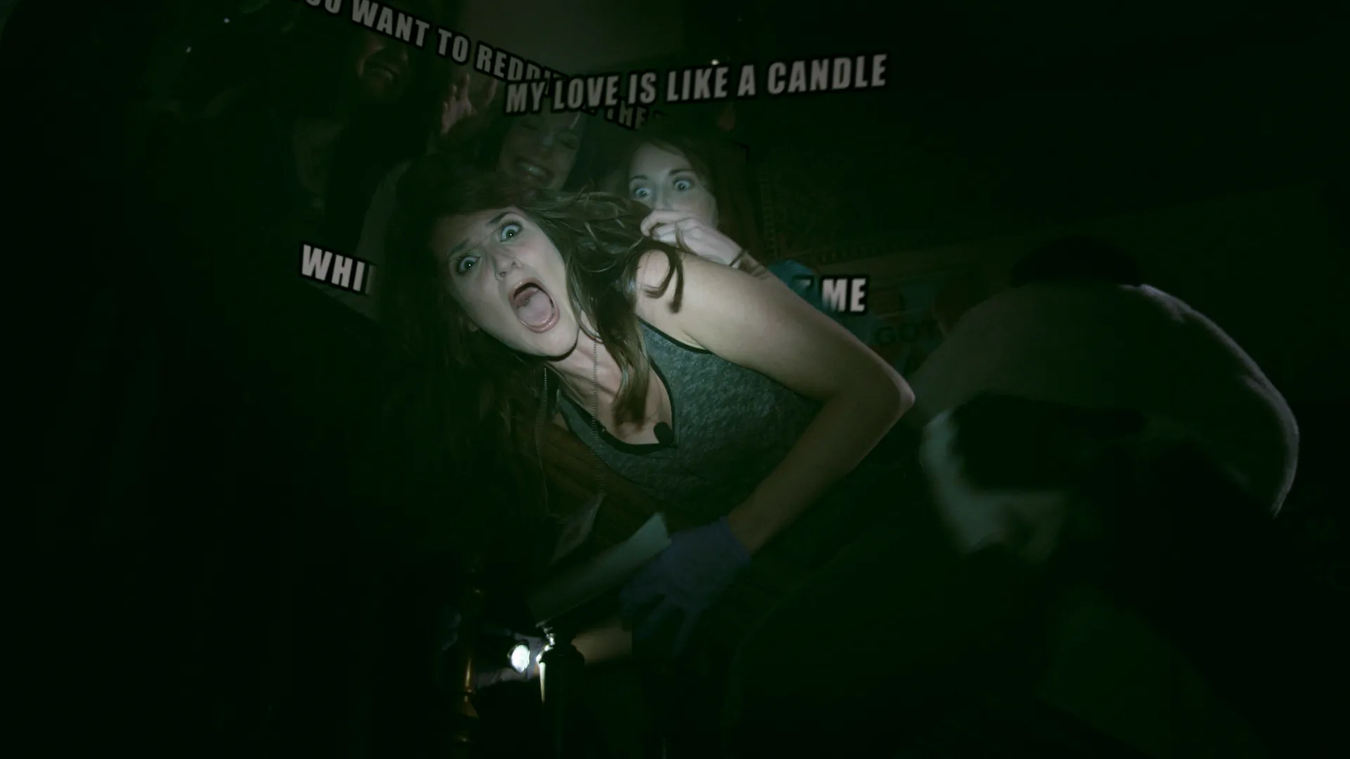 Woman surrounded by layered meme graphics in Meme Hunters