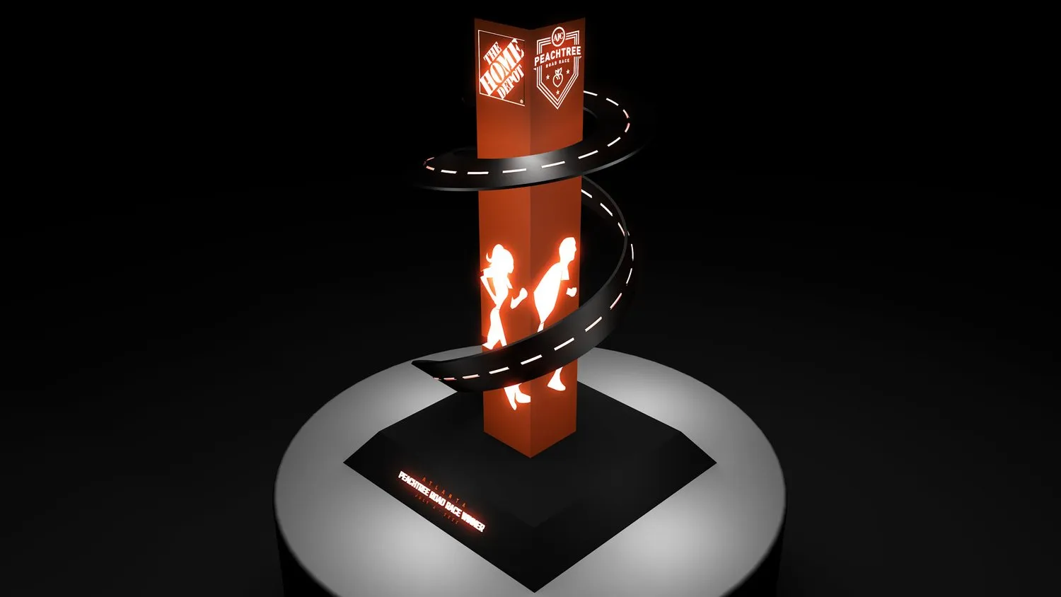 Illuminated Peachtree Road Race trophy three-quarter view