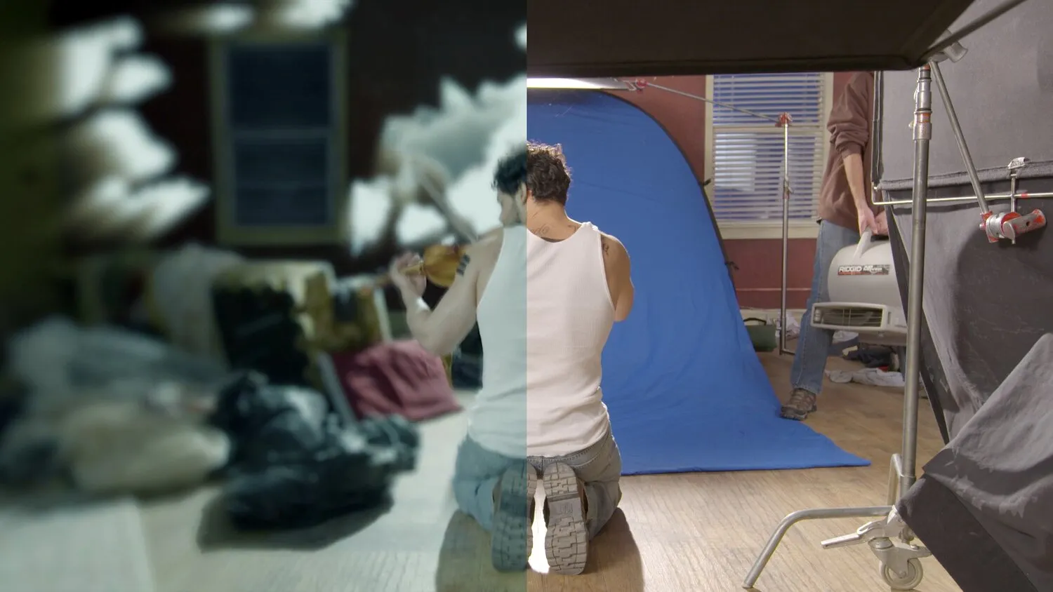 Split VFX comparison of a finished bedroom shot and its blue-screen setup from The Frame