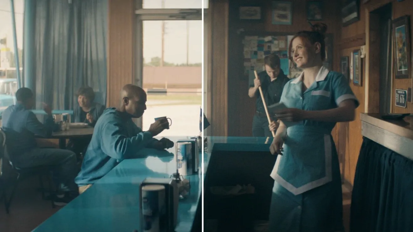 Before-and-after split of a diner shot from The Good Life commercial